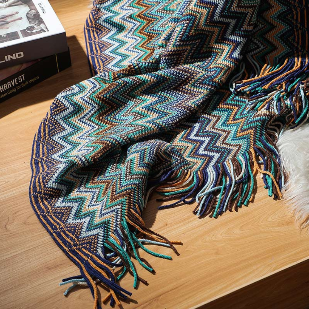 Multicolor Zigzag Tasseled Knit Throw