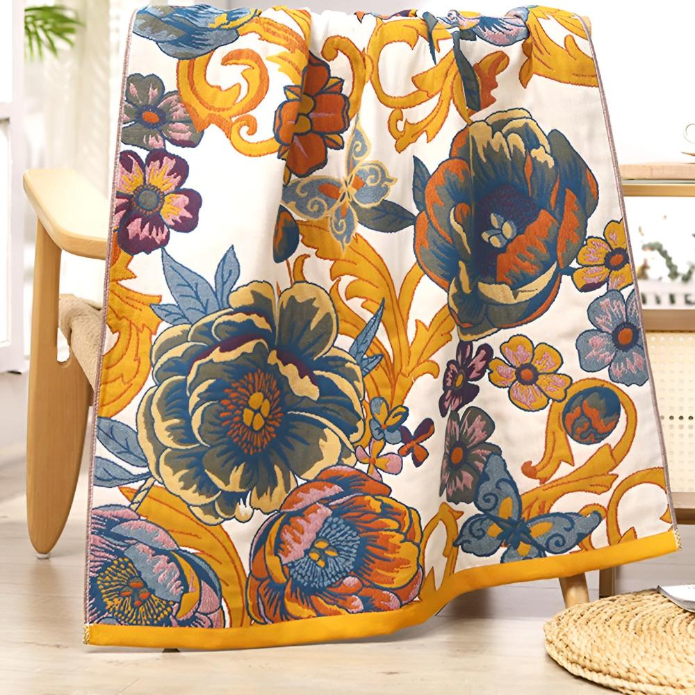 Floral throw blanket with cream background and bold blue yellow flower pattern, soft decorative sofa and bed cover