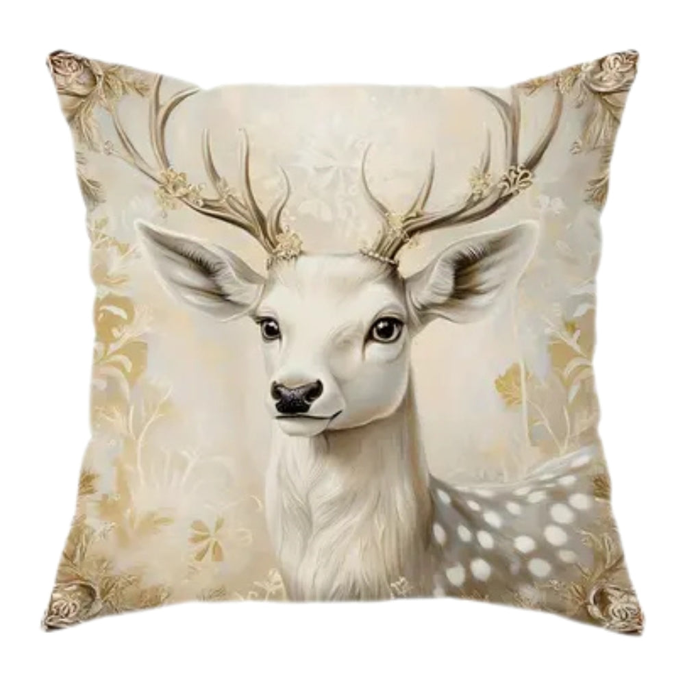 Set of Christmas decorative throw pillow covers with Santa, reindeer, Christmas tree, and pinecone wreath designs for holiday home decor