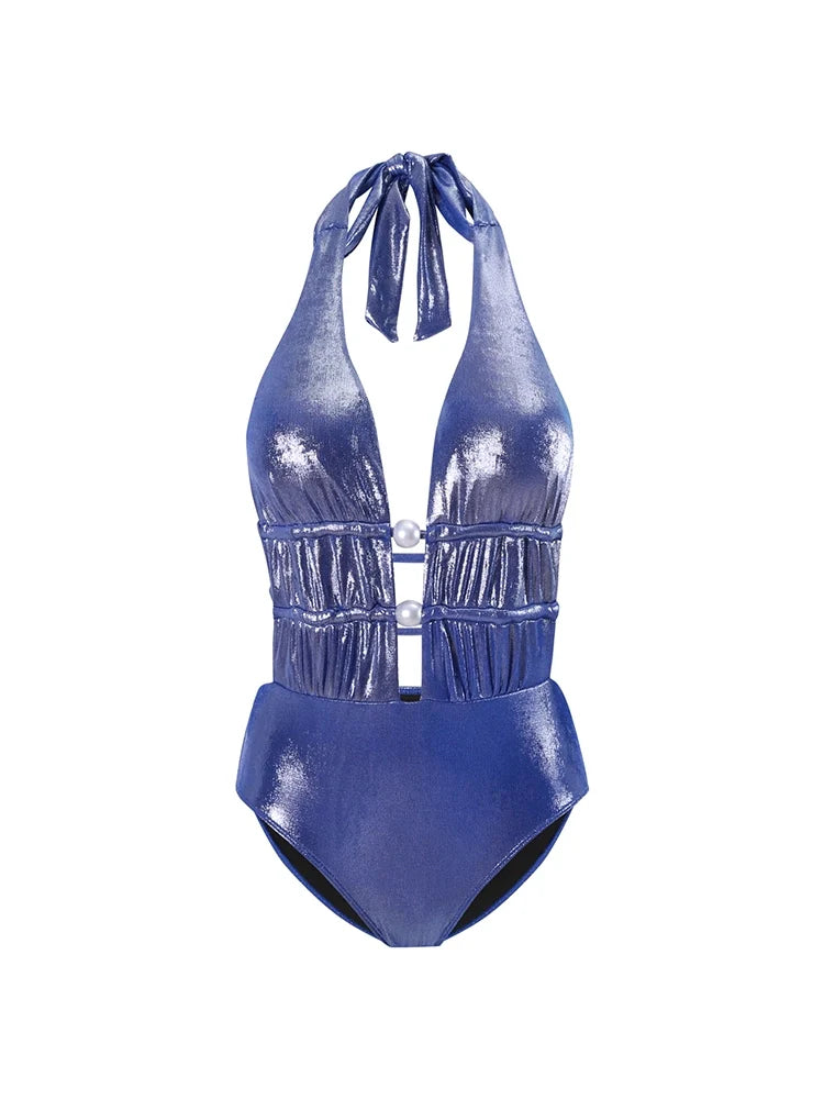 Glossy Mist Deep V Halter Pearl Swimsuit
