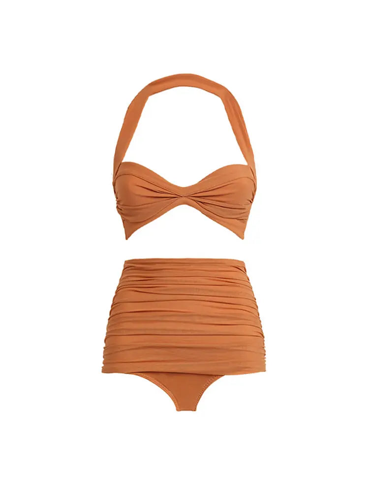 Halter Mesh Patchwork Vintage Bikini Set