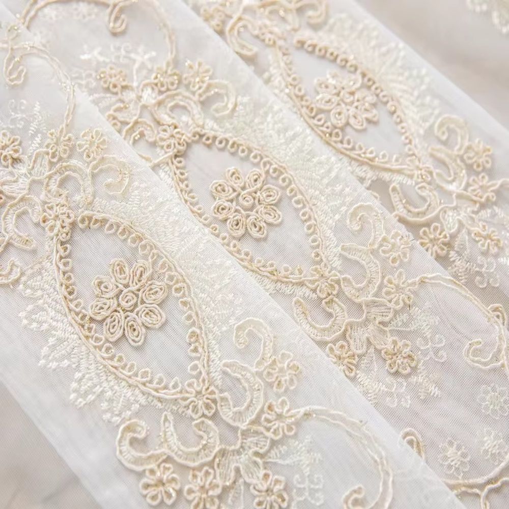 Elegant lace sheer curtains with floral embroidery, luxury window drapes for bedroom or living room decor