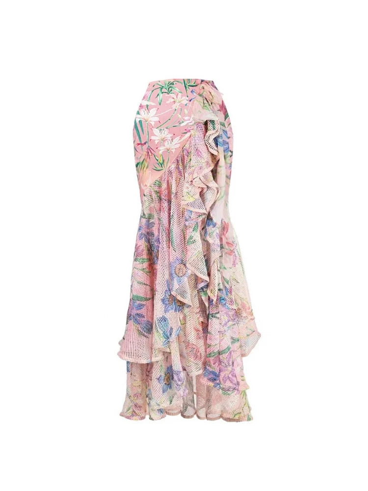 Mesh Patchwork Printed Long Sleeve Swimsuit