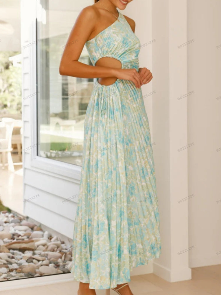 Pleated One-Shoulder Cut-Out Waist Floral Gown