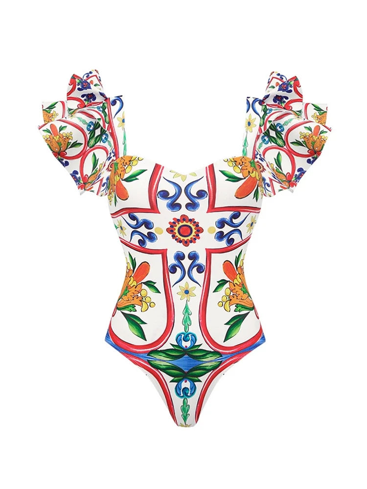 Ruffle Enamel Floral Print Swimsuit Set