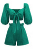 Linen Wrap Front Tie Puff Sleeve Shorts Sets In Green