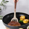 10-piece silicone kitchen utensil set with wood grain handles, heat-resistant cooking tools including spatulas, spoons, ladle, and pasta server