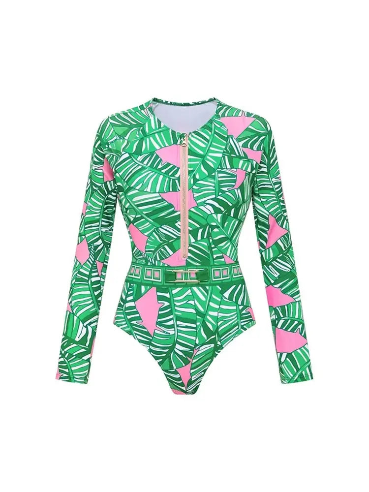 Green Zip Long Sleeve Printed Surf Swimsuit Set