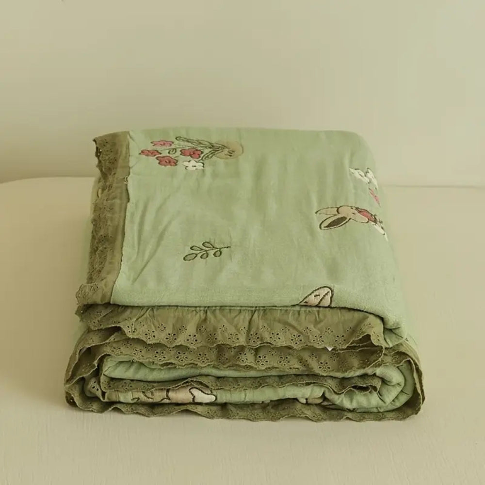 Embroidered Bunny Floral Cotton Blanket