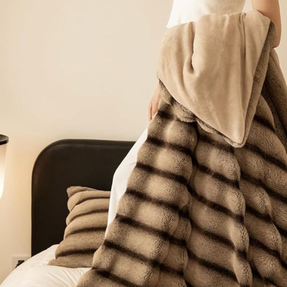 Ruched Faux Rabbit Fur Blanket