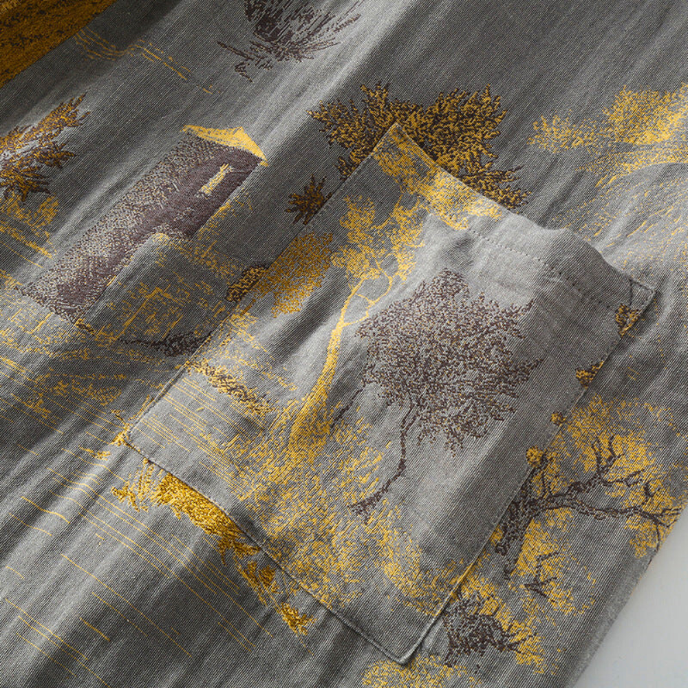 Long grey kimono robe with gold floral pattern – lightweight loungewear with belt for men and women