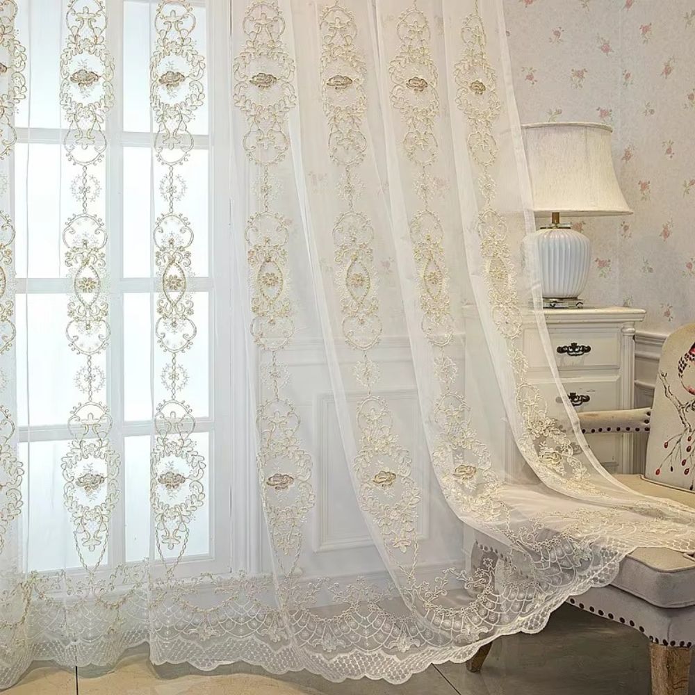Elegant lace sheer curtains with floral embroidery, luxury window drapes for bedroom or living room decor