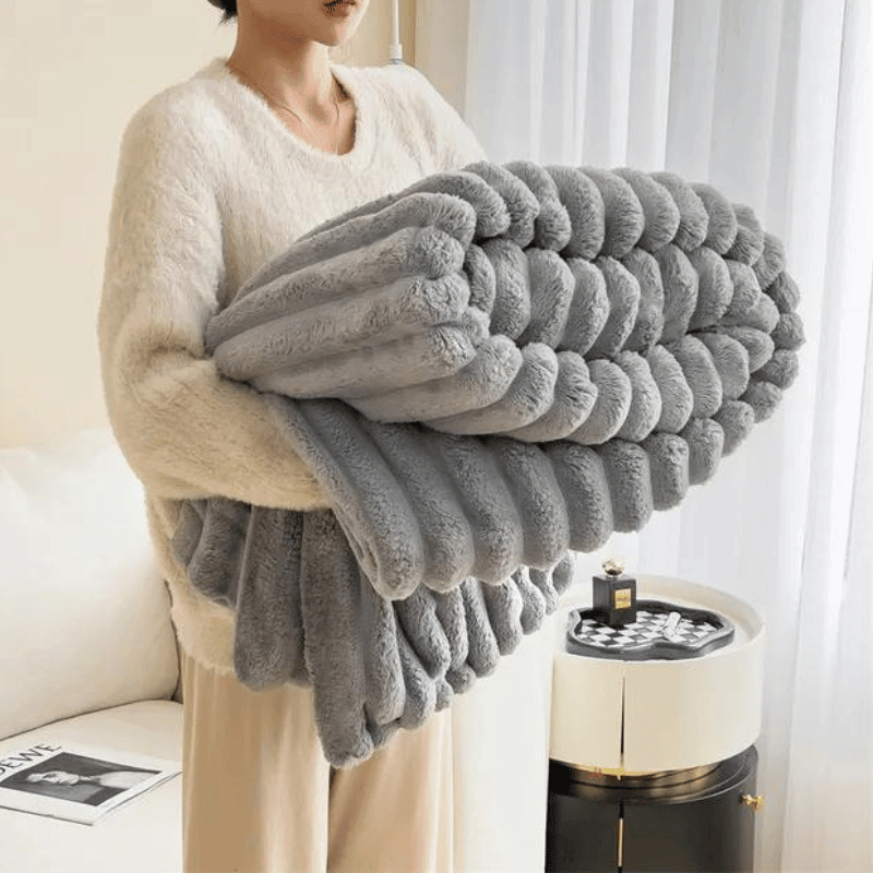 Luxury faux fur blanket in ivory white, soft and cozy throw for bedroom or living room winter decor