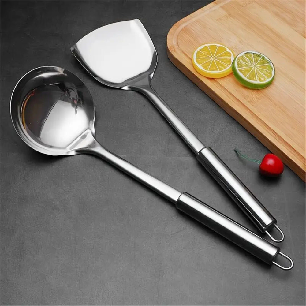 5-piece stainless steel kitchen utensil set with wok spatula, slotted spatula, ladle, skimmer, and serving spoon for cooking