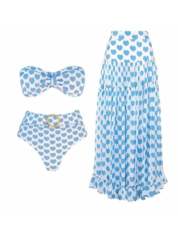 Heart Print Skirted Bikini Vacation Set