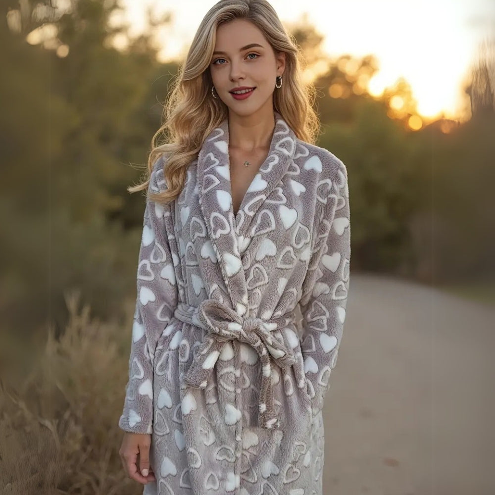 Soft fleece bathrobe with white heart print in gray, plush and cozy loungewear for women