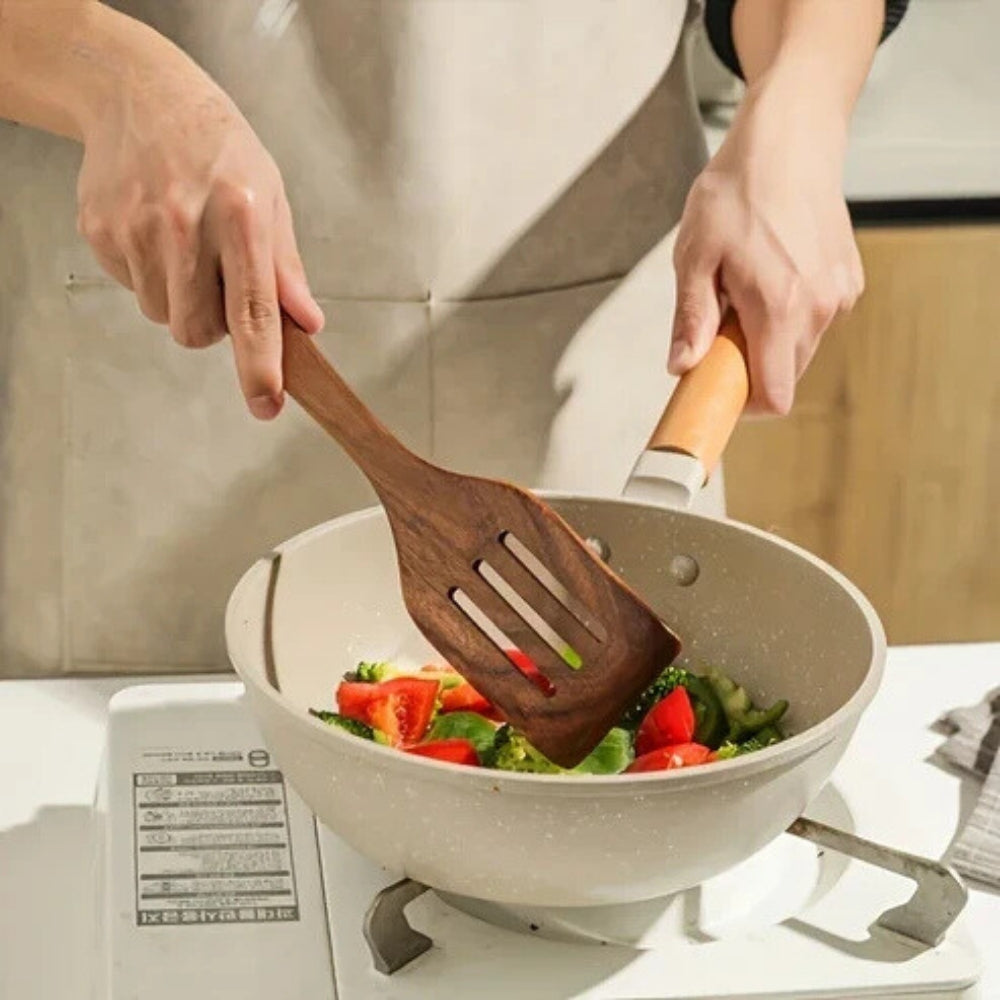 Set of wooden cooking utensils with whisk – eco-friendly kitchen spoons, spatulas, and pasta server for non-stick cookware