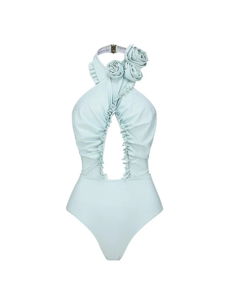 Halter Backless Swimsuit with 3D Floral Set