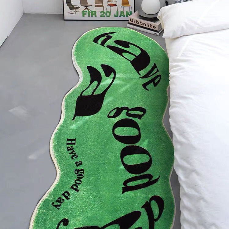 Accent rug – Plush fabric – Green and white trippy design – Non-slip for living room or bedroom