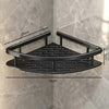 Black wall-mounted corner shower caddy with two tiers, bathroom storage rack for toiletries and accessories