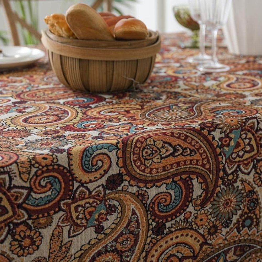 Amber Paisley Tassel Tablecloth, Microfiber Blend, Intricate Design, 60 x 84 Inches, Machine Washable, Bohemian Style