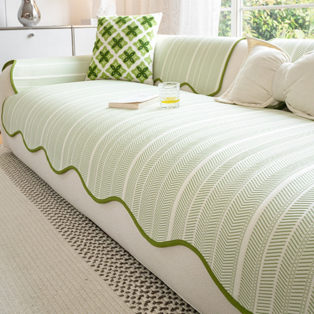 Green and white striped sofa cover with scalloped edges, modern couch protector and decorative throw blanket for living room