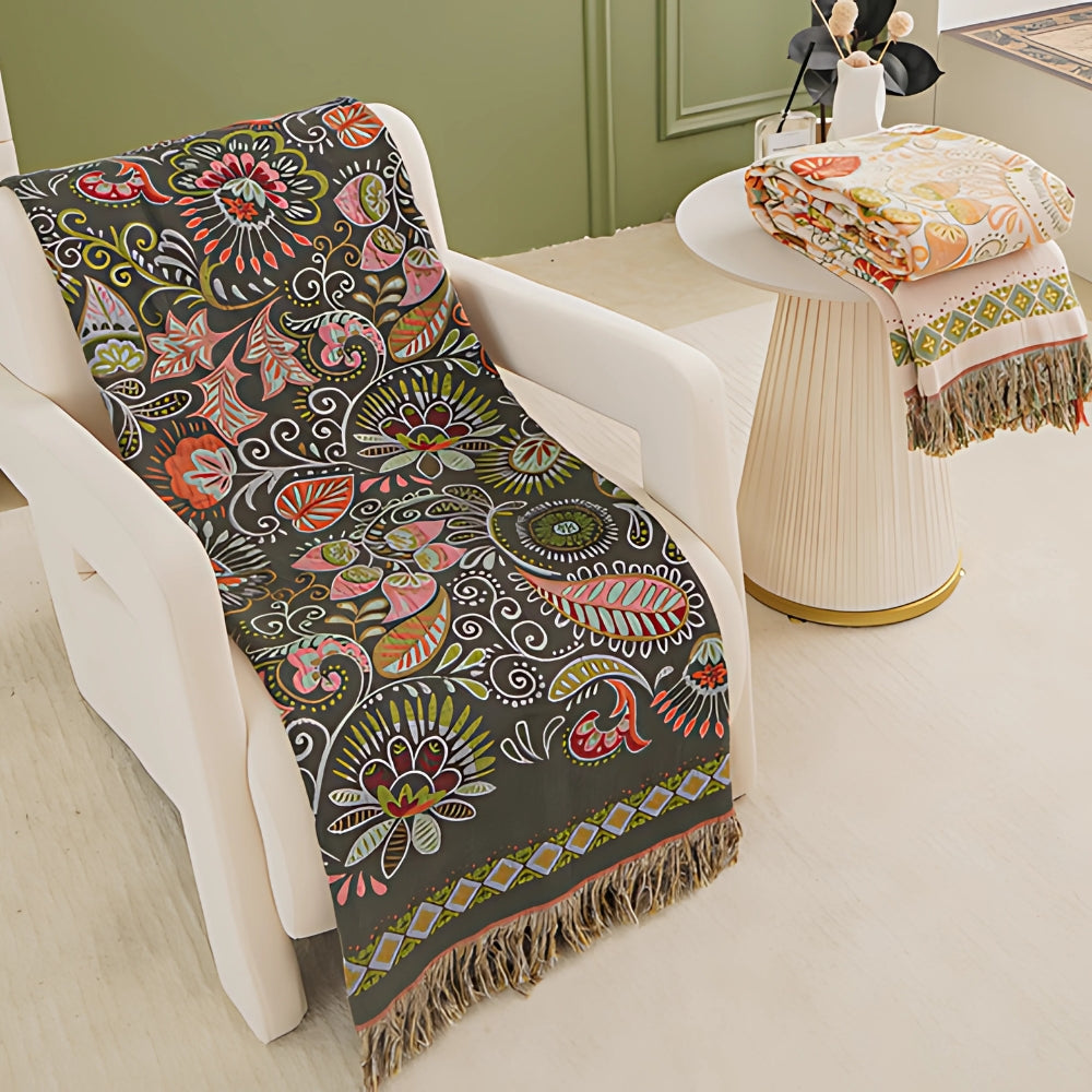 Bohemian floral quilt blanket with green border and fringe, colorful embroidered bedspread for bedroom decor