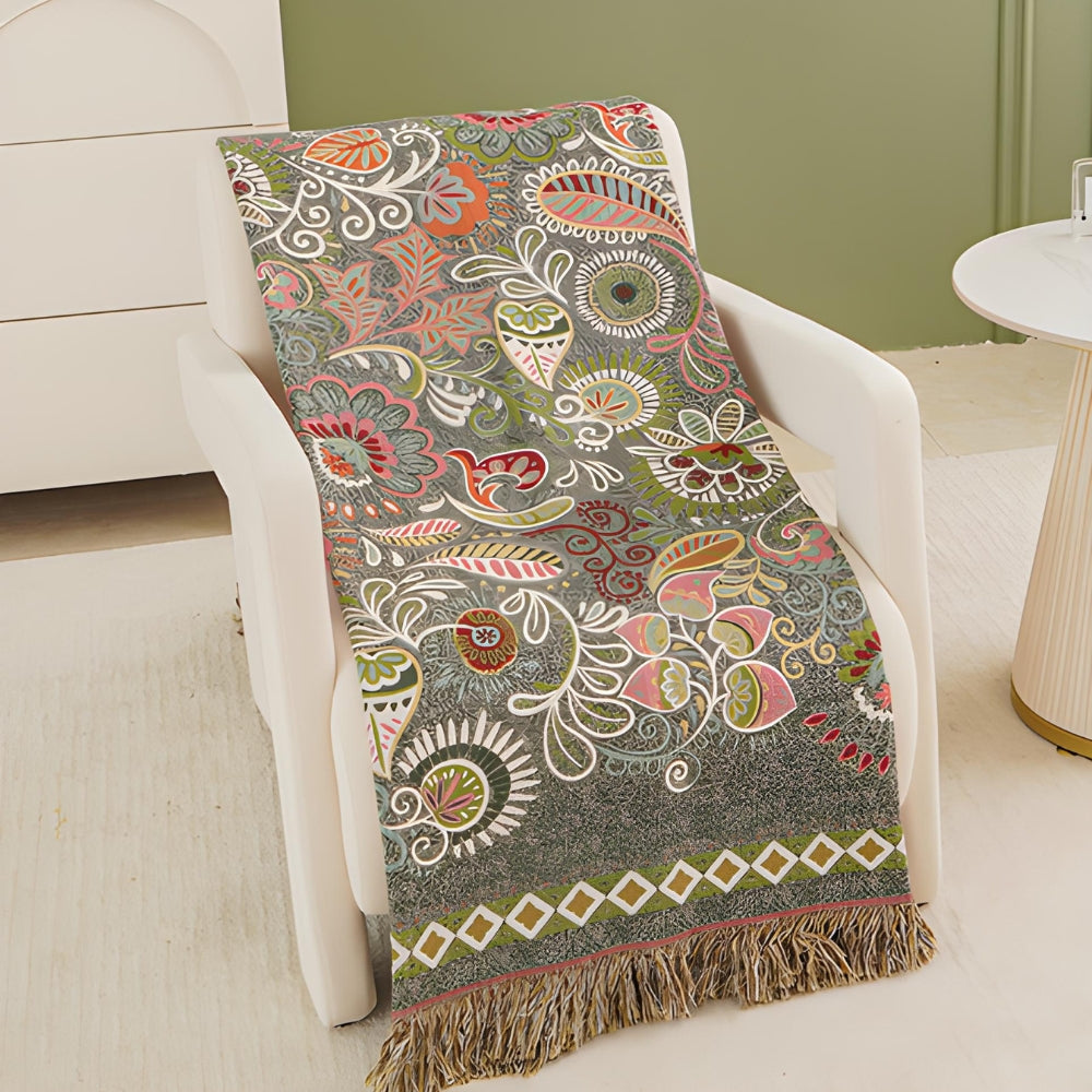 Bohemian floral quilt blanket with green border and fringe, colorful embroidered bedspread for bedroom decor