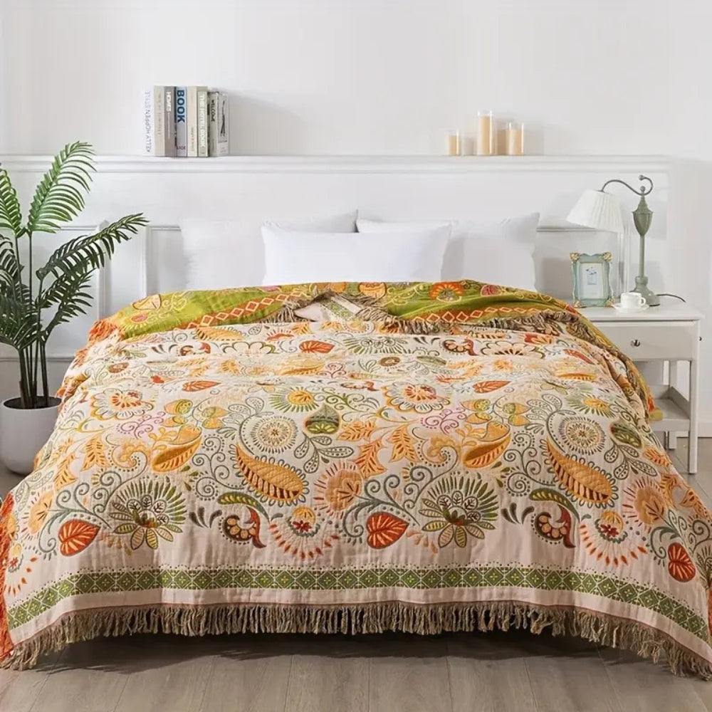 Bohemian floral quilt blanket with green border and fringe, colorful embroidered bedspread for bedroom decor