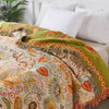 Bohemian floral quilt blanket with green border and fringe, colorful embroidered bedspread for bedroom decor