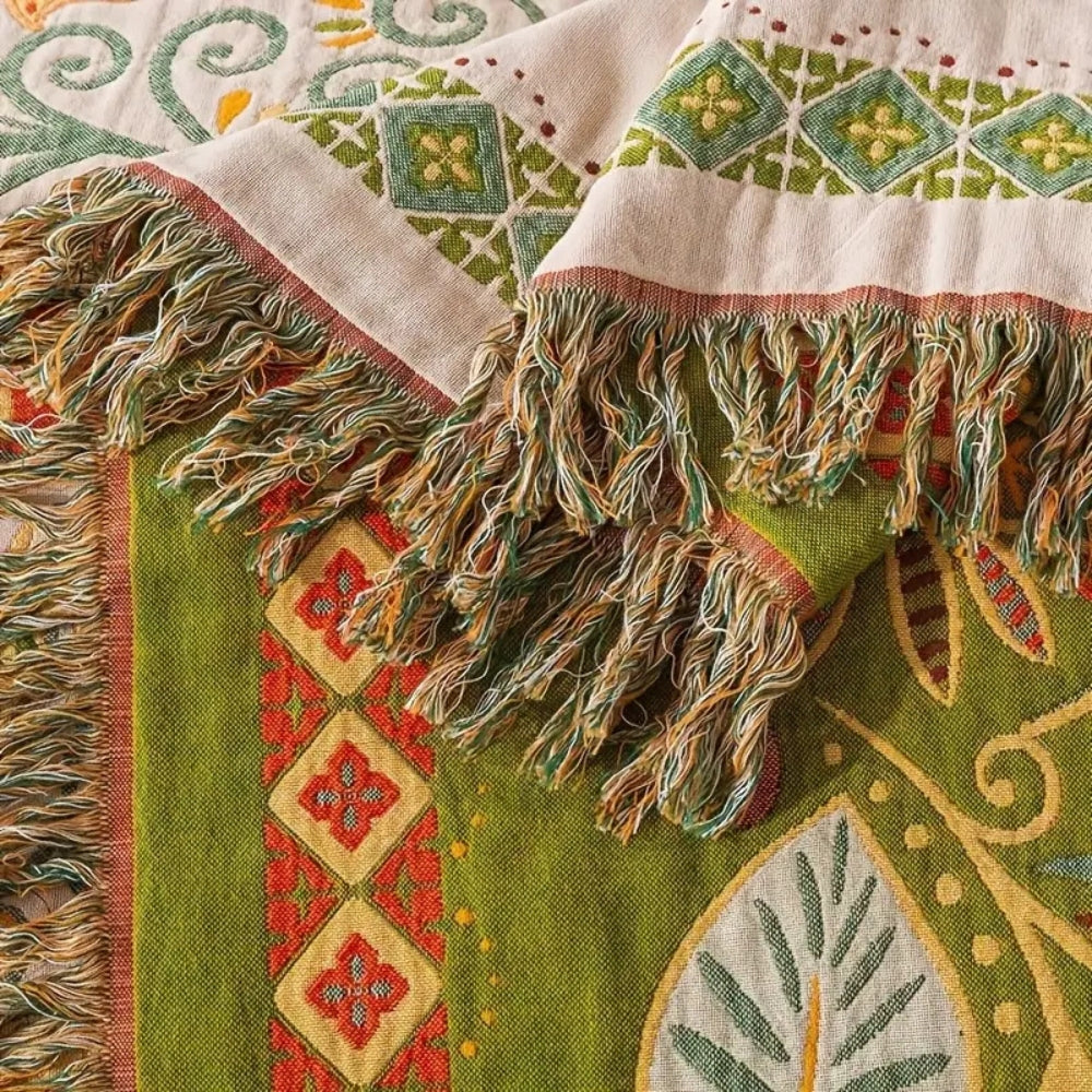 Bohemian floral quilt blanket with green border and fringe, colorful embroidered bedspread for bedroom decor