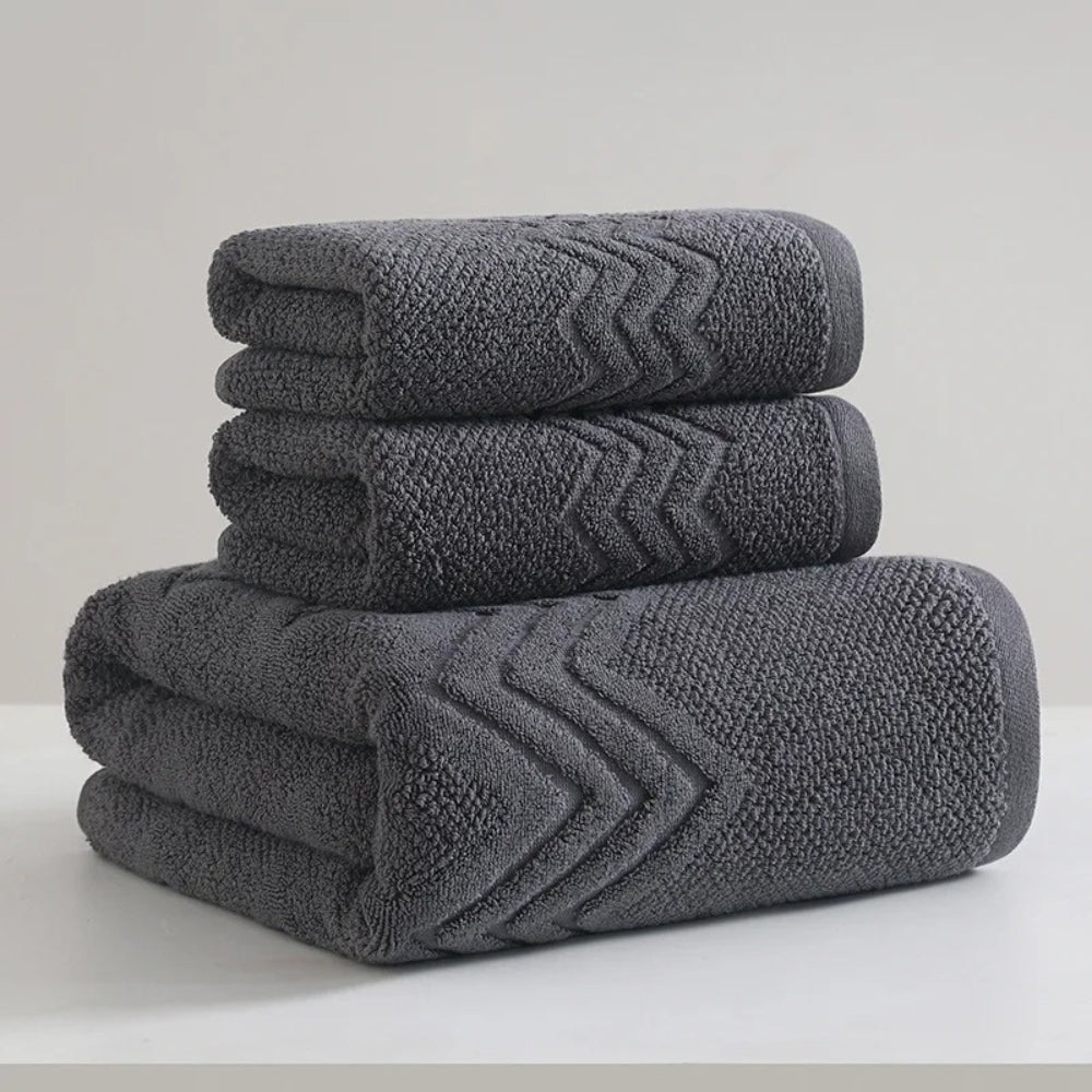 Blue cotton bath towel set, soft and absorbent bathroom towels with textured chevron design, luxury hotel quality