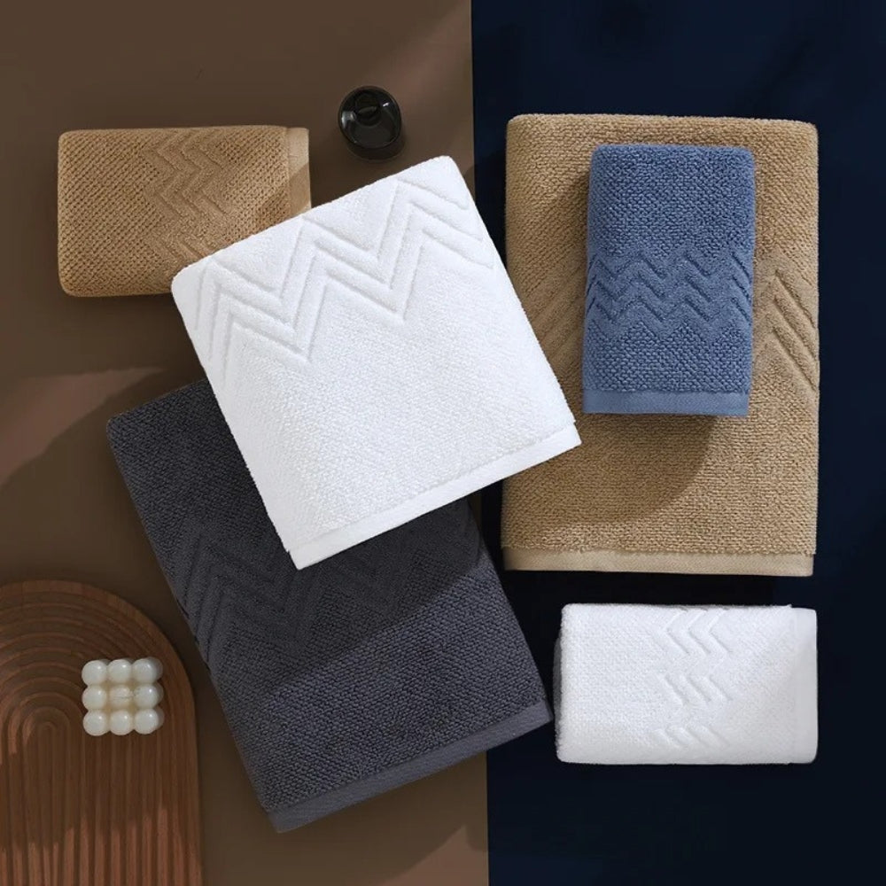 Blue cotton bath towel set, soft and absorbent bathroom towels with textured chevron design, luxury hotel quality