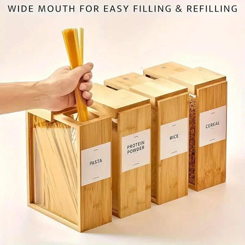 Wooden kitchen storage containers with clear front, airtight canisters for rice, pasta, cereal, and dry food organization