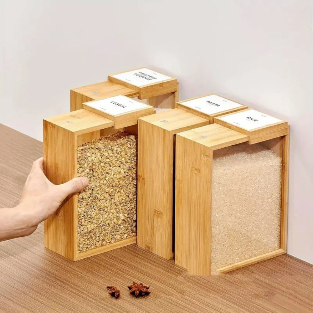 Wooden kitchen storage containers with clear front, airtight canisters for rice, pasta, cereal, and dry food organization
