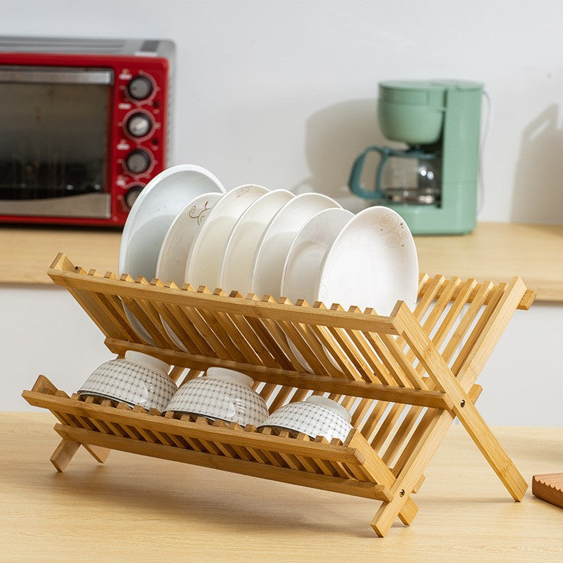 Bamboo dish drying rack – Eco-friendly design – Foldable and space-saving – 2-tier organization – Natural finish
