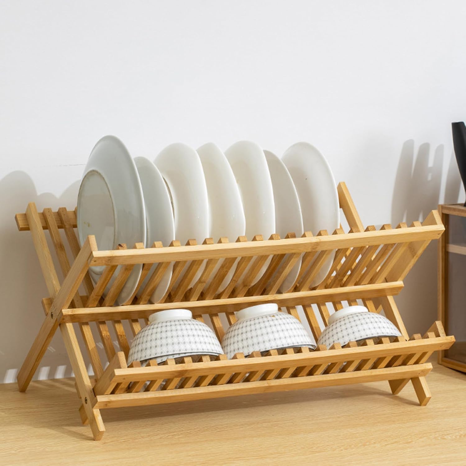 Bamboo dish drying rack – Eco-friendly design – Foldable and space-saving – 2-tier organization – Natural finish