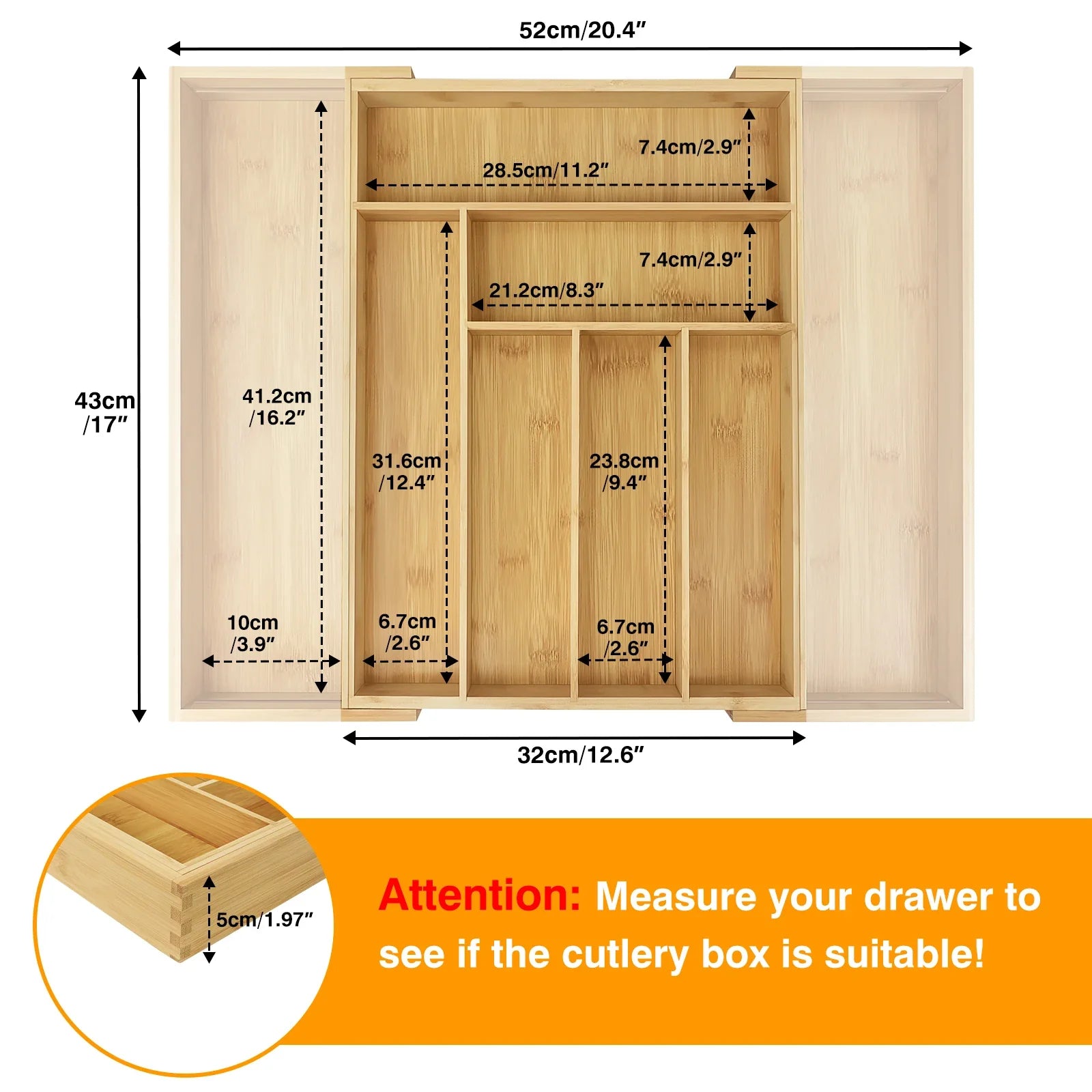 Bamboo drawer organizer – Expandable cutlery tray – Eco-friendly kitchen storage – 8 compartments – Versatile fit