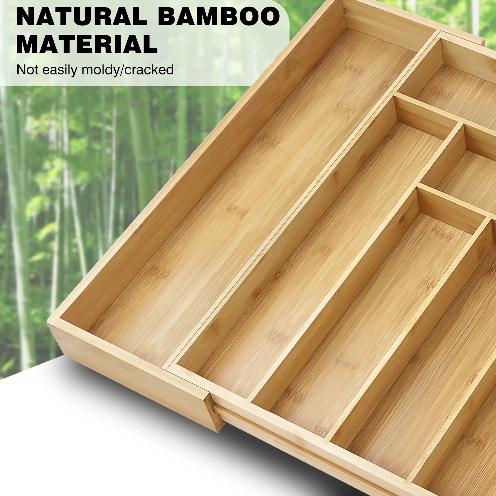 Bamboo drawer organizer – Expandable cutlery tray – Eco-friendly kitchen storage – 8 compartments – Versatile fit