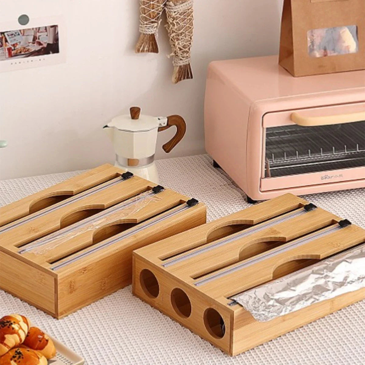 Bamboo kitchen wrap dispenser – Foil and cling film cutter – Eco-friendly storage solution – 12 x 5 x 4 in