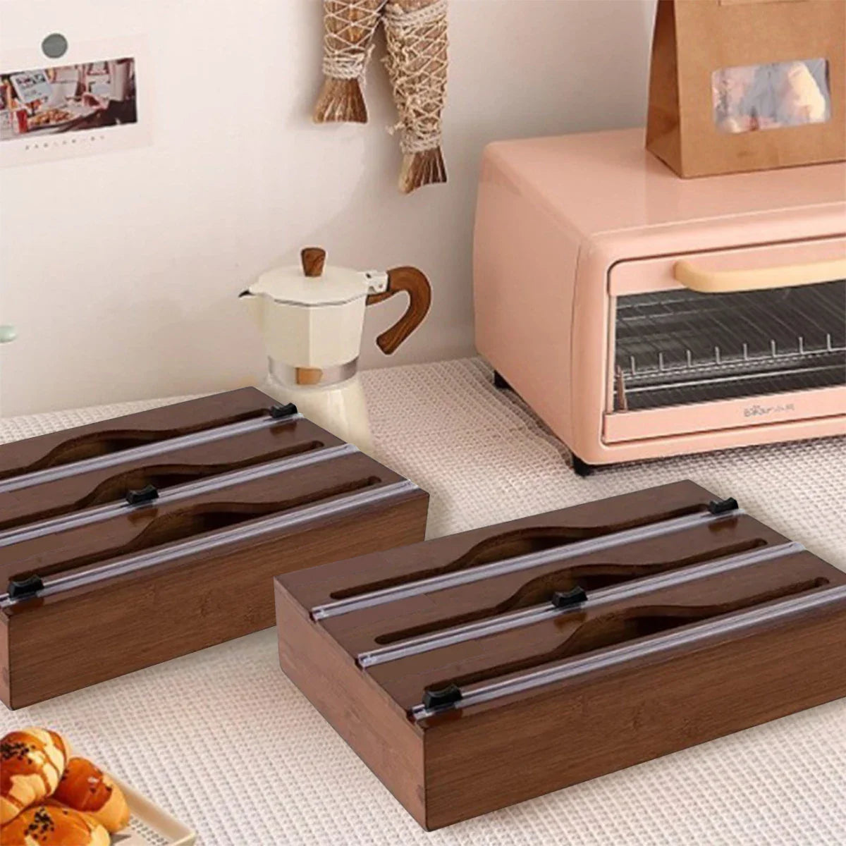 Bamboo kitchen wrap dispenser – Foil and cling film cutter – Eco-friendly storage solution – 12 x 5 x 4 in