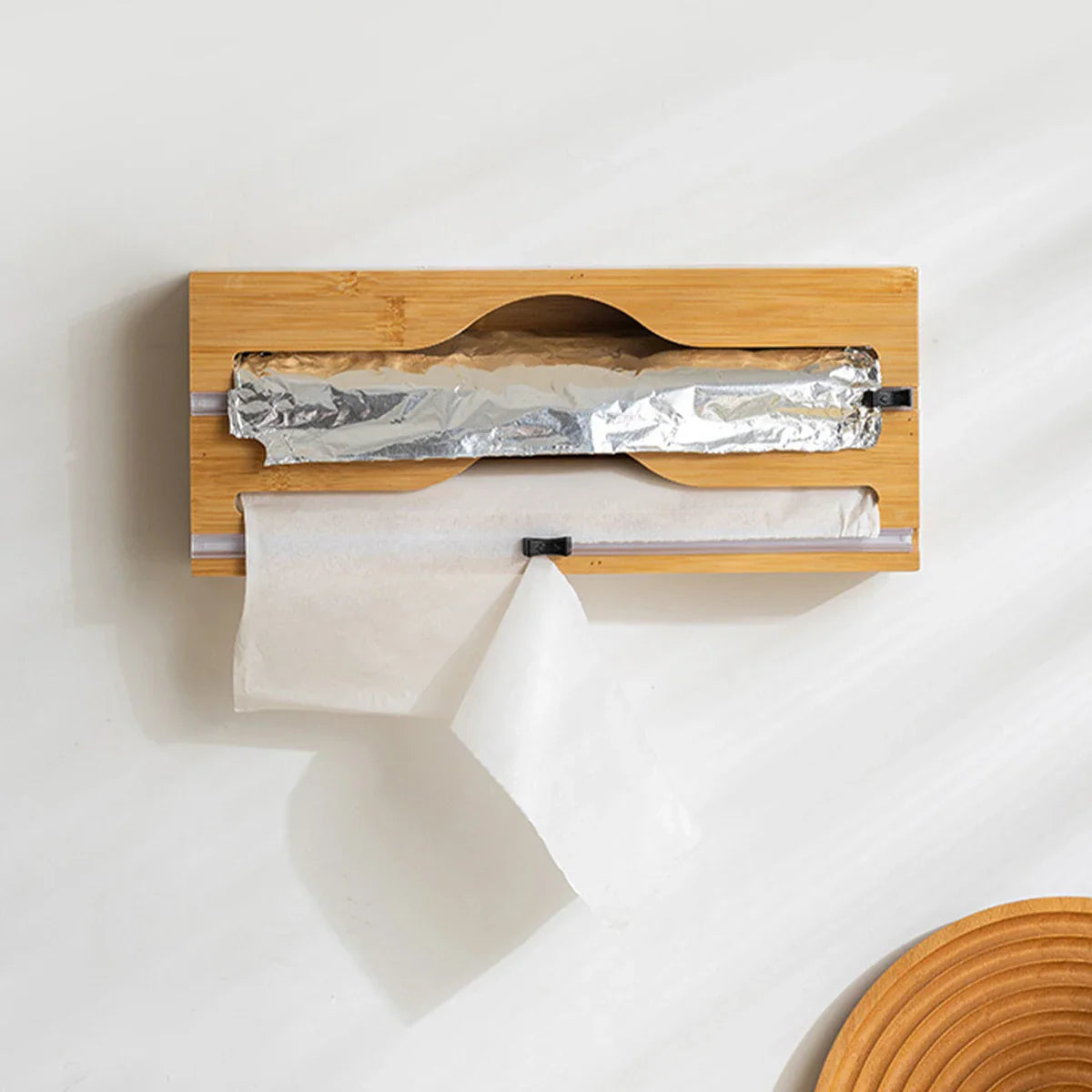 Bamboo kitchen wrap dispenser – Foil and cling film cutter – Eco-friendly storage solution – 12 x 5 x 4 in