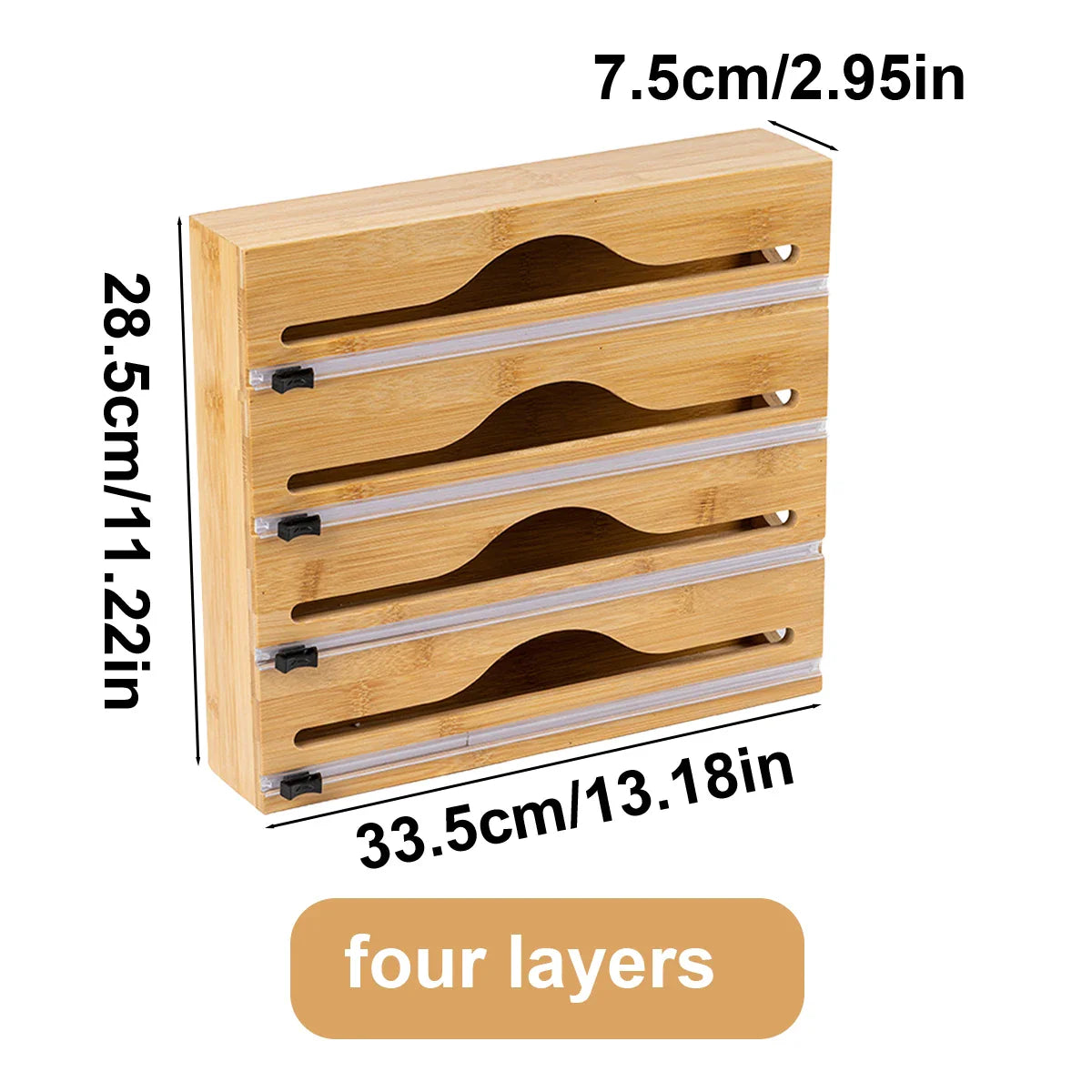 Bamboo kitchen wrap dispenser – Foil and cling film cutter – Eco-friendly storage solution – 12 x 5 x 4 in