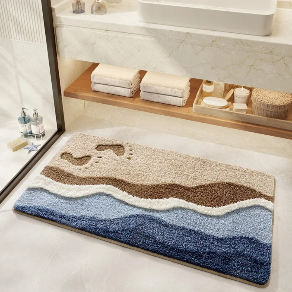 Bath mat – Plush microfiber blend – Seaside footprint design – Non-slip for safety – Coastal bathroom decor
