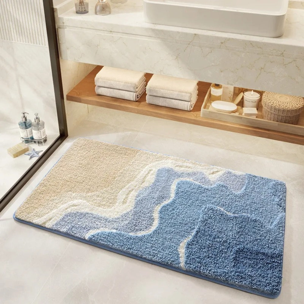 Bath mat – Plush microfiber blend – Seaside footprint design – Non-slip for safety – Coastal bathroom decor