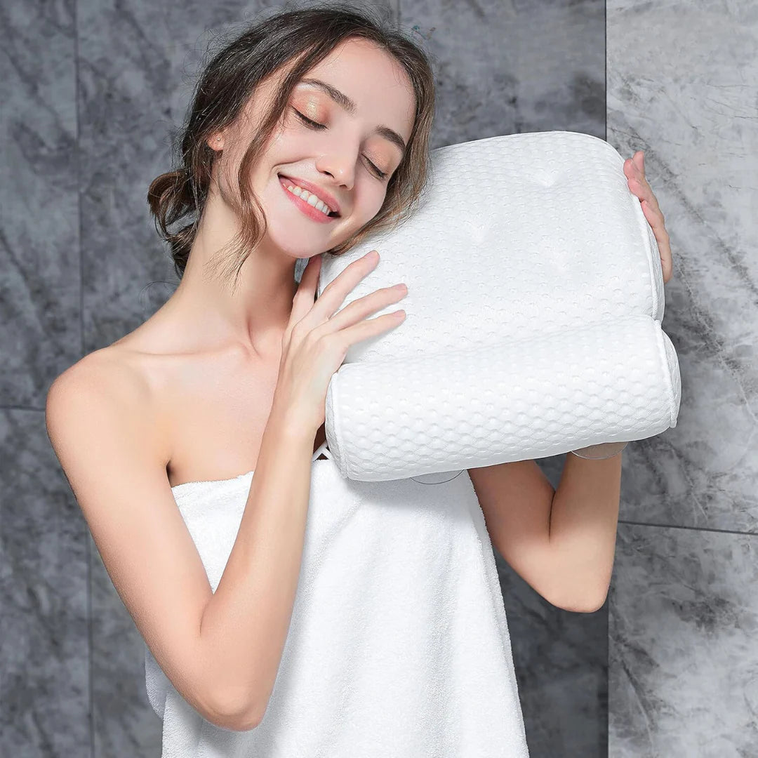 Bath pillow – 3D mesh fabric – White – Suction cups for secure support – Best bath pillow for tub relaxation