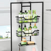 Over-the-door black metal bathroom organizer rack with three shelves for shampoo, lotion, soap, and skincare storage – space-saving shower caddy for modern bathrooms