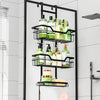 Over-the-door black metal bathroom organizer rack with three shelves for shampoo, lotion, soap, and skincare storage – space-saving shower caddy for modern bathrooms