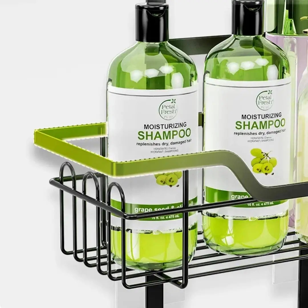 Over-the-door black metal bathroom organizer rack with three shelves for shampoo, lotion, soap, and skincare storage – space-saving shower caddy for modern bathrooms