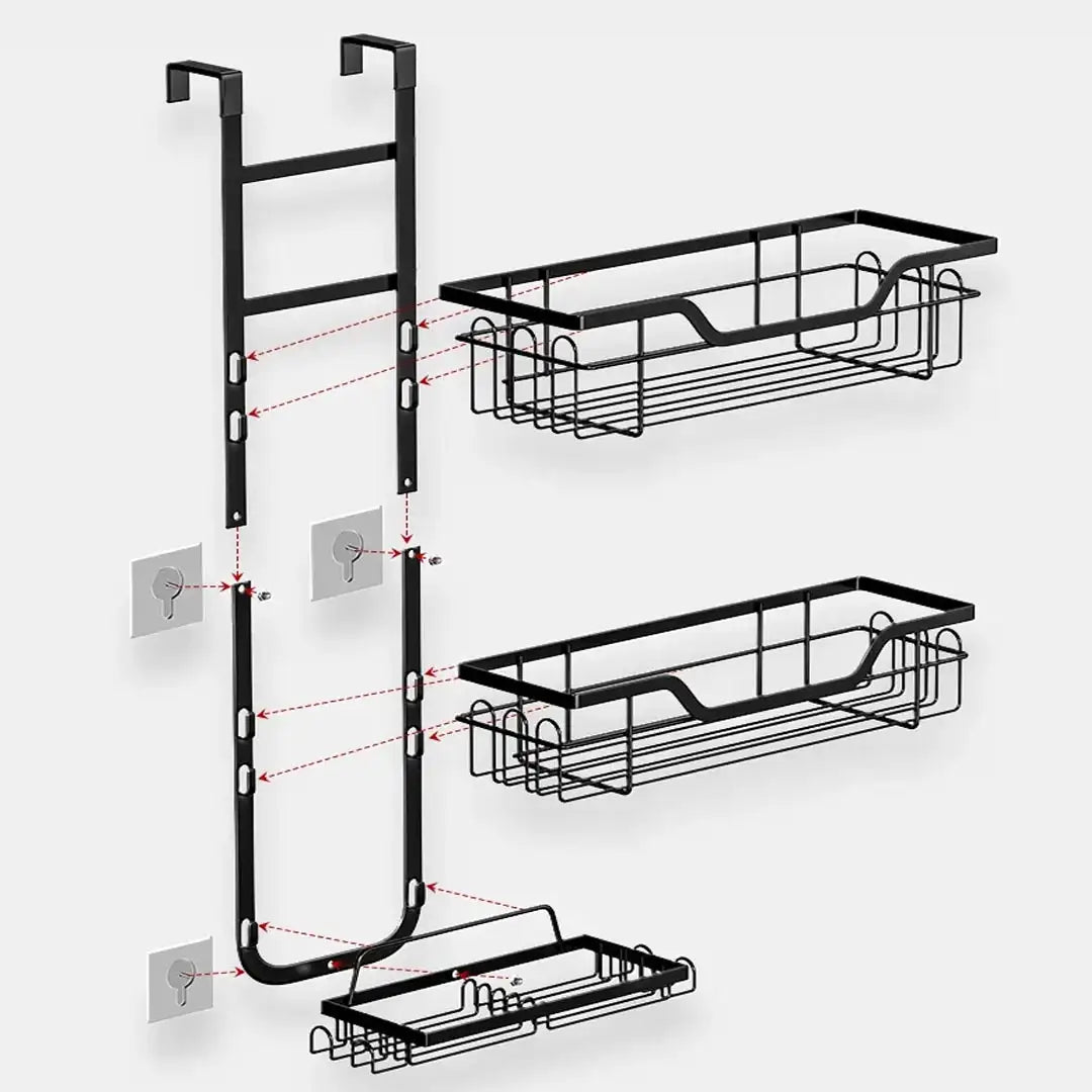 Over-the-door black metal bathroom organizer rack with three shelves for shampoo, lotion, soap, and skincare storage – space-saving shower caddy for modern bathrooms